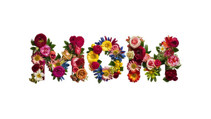 Happy Mother's Day, Mom text written with flowers, isolated on transparent, PNG, background