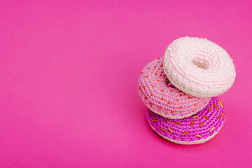 Handmade crocheted donuts with shiny beads. Festive Valentines or Mothers Day, greeting card