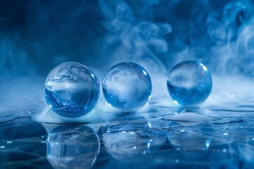 Glowing orbs suspended in an ethereal mist, casting soft reflections on a polished surface adorned with layers of deep, mesmerizing blue.