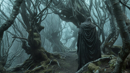 A mysterious figure in a hooded cloak standing amidst a forest of twisted trees. Ai generated