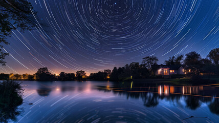 A long exposure shot capturing the celestial motion of stars streaking across the sky above a...