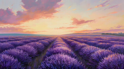 A panoramic view of a lavender field stretching to the horizon, bathed in the warm glow of sunset,...