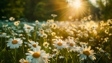A sunlit meadow filled with daisies swaying in the breeze, capturing the essence of springtime. Ai generated - obrazy, fototapety, plakaty