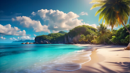 Fototapeta premium Tropical sea with fishes, blue sky, clean water. 3D Illustration 
