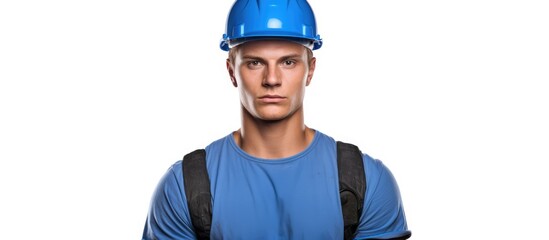 Fototapeta premium Man in hard hat holding phone