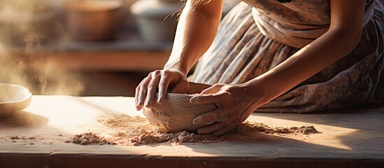 Woman shaping pottery on table - obrazy, fototapety, plakaty