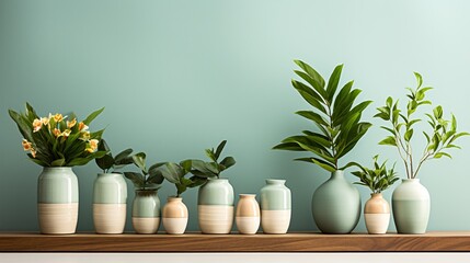 a group of vases with green leaves in them