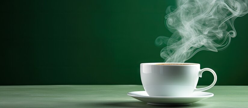 Coffee cup emitting steam on green backdrop