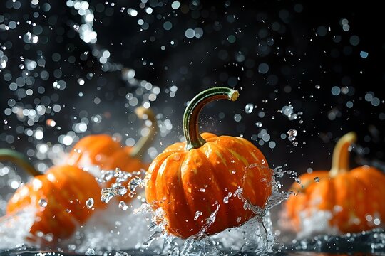 Pumpkins falling into water against a black backdrop: A captivating image. Concept Pumpkin Drops, Water Photography, Black Background, Captivating Shot