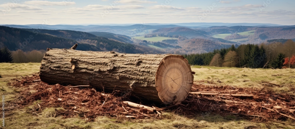 Poster Tree trunk close up in field with distant mountains