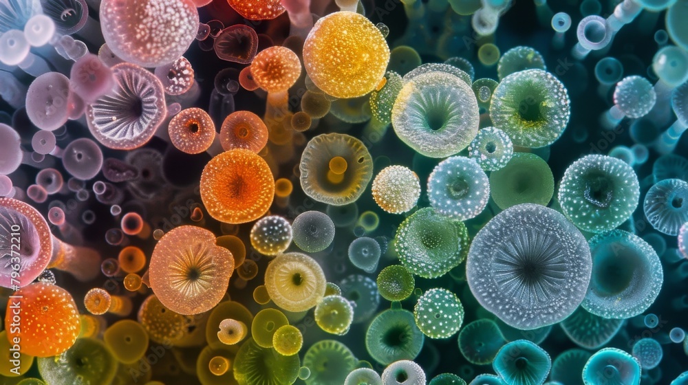 Poster a colorful assortment of fungal spores ranging in size and shape captured in a microscopic world tee