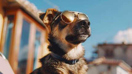 Cute puppy in sunglasses looking  outdoors