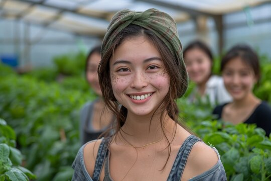 Portrait of a happy young woman with a headscarf smiling in a lush greenhouse surrounded by plants