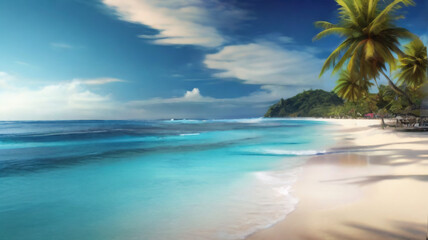 Tropical sea with fishes, blue sky, clean water. 3D Illustration
