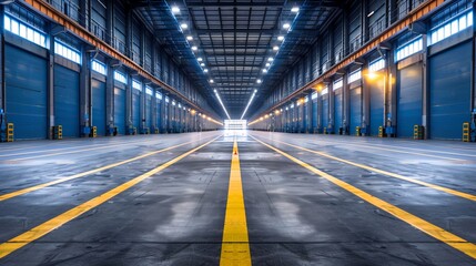 a large warehouse with a yellow line