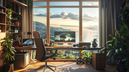 An inspiring home office with a large window looking out onto a beautiful mountain landscape. The room is decorated with plants and has a large desk.