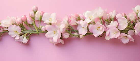 Fototapeta na wymiar Pink flower border on soft pink backdrop