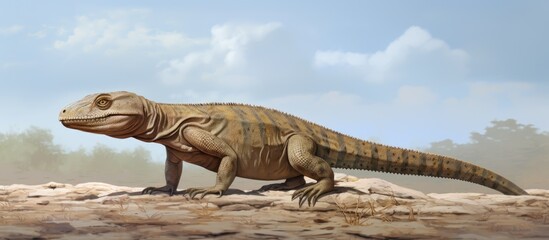 Fototapeta premium T-rex on rocky terrain with distant trees