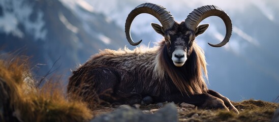 Mountain goat resting on ground with imposing horns - Powered by Adobe