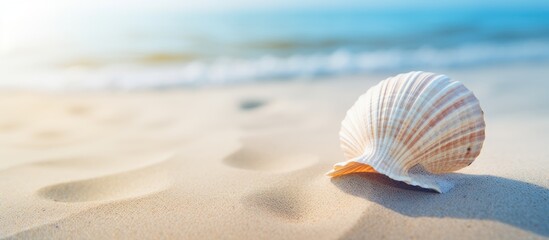 Fototapeta na wymiar Seashell on sandy shore as waves approach