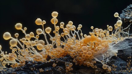 The soft almost velvety appearance of fungal mycelium with its fine hyphae intertwining and enveloping nutrients for growth. - obrazy, fototapety, plakaty