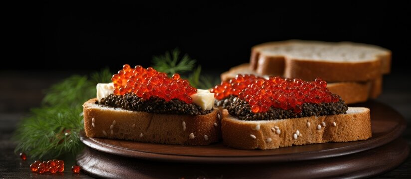 Two bread slices topped with red caviar