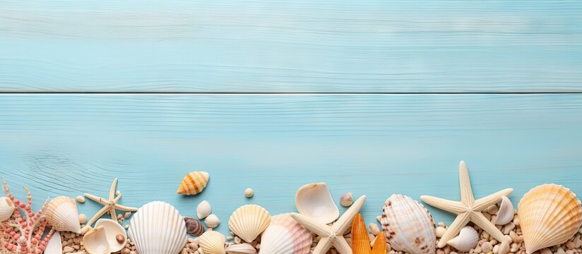 Group of seashells on blue wood background