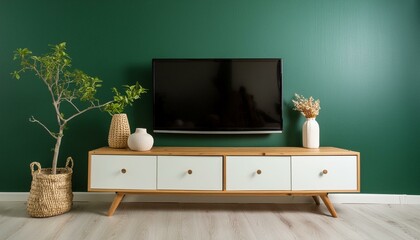 Simplicity in Green: A Minimalist Muji-Inspired Living Room with TV on Cabinet"
