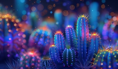 Ilustración cactus iluminados con luces de colores vibrantes