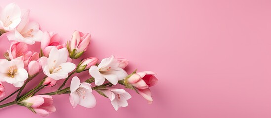 Freesia blossoms set against soft pink backdrop