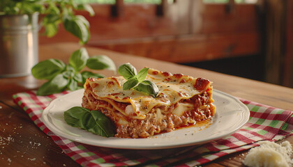 a plate of lasagna on a table