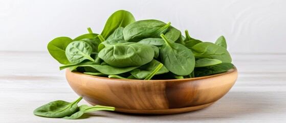 Organic baby spinach leaves in a wooden bowl, vibrant green, isolated on a white background,