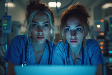 Two astonished medical professionals wearing blue scrubs are looking at a laptop screen displaying startling information