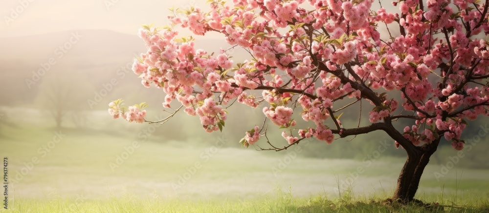 Poster pink flowers on tree in open field