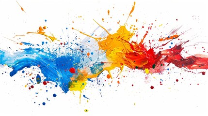 A vivid portrayal of assorted paint splashes, artistically isolated on a white canvas, enhancing the visual appeal of creative projects