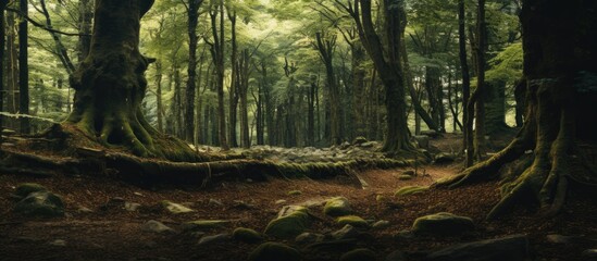 Majestic forest scene with moss-covered trees and prominent rocks