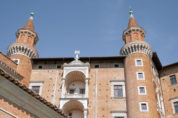 Italy, 25 April 2024: Renaissance architecture of the historic center of Urbino with its Palazzo Ducale, a UNESCO heritage site in the province of Pesaro and Urbino in the Marche region