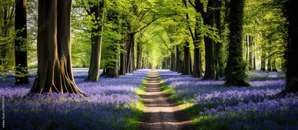 Wall mural Path through Norfolk forest with bluebells