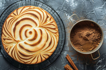 a cake on a wire rack next to a bowl of cinnamon