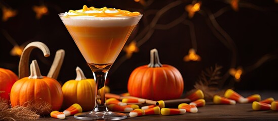 Close-up of cocktail in glass with candy corn - obrazy, fototapety, plakaty