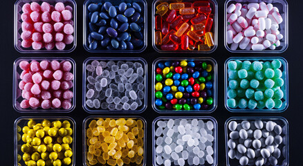 a group of containers of different colored candies