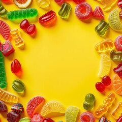 a group of colorful candies on a yellow background