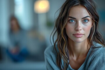 Obraz premium Young woman with beautiful brown eyes and relaxed expression in a home environment