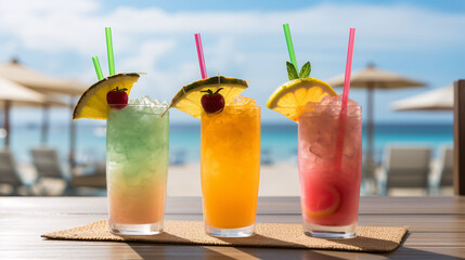 a group of colorful drinks with straws