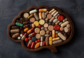 a wooden tray with pills in it