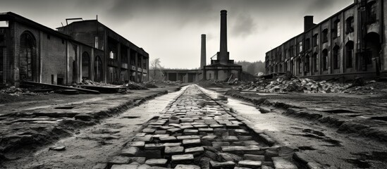 An old city's brick road in black and white