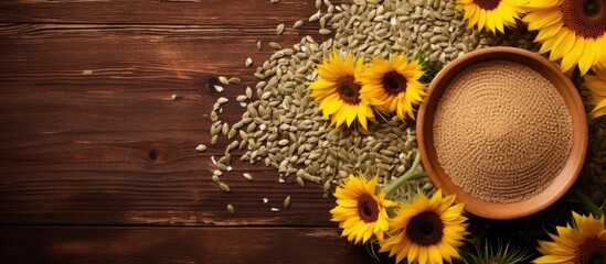 Sunflowers and seeds on wooden table with bowl of sunflower seeds