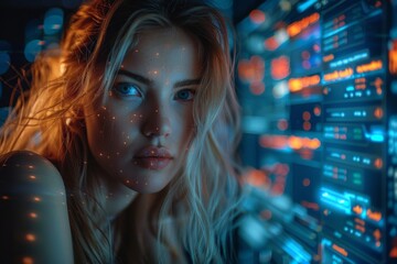 Young woman with a projection of futuristic digital data on her face in a tech environment