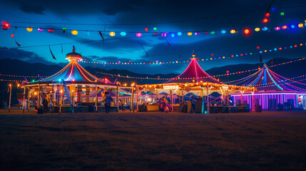 Naadam festival at night, colorful lights illuminate beautifully decorated tents, Ai generated Images