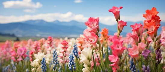 Colorful flowers dot a field with distant mountains